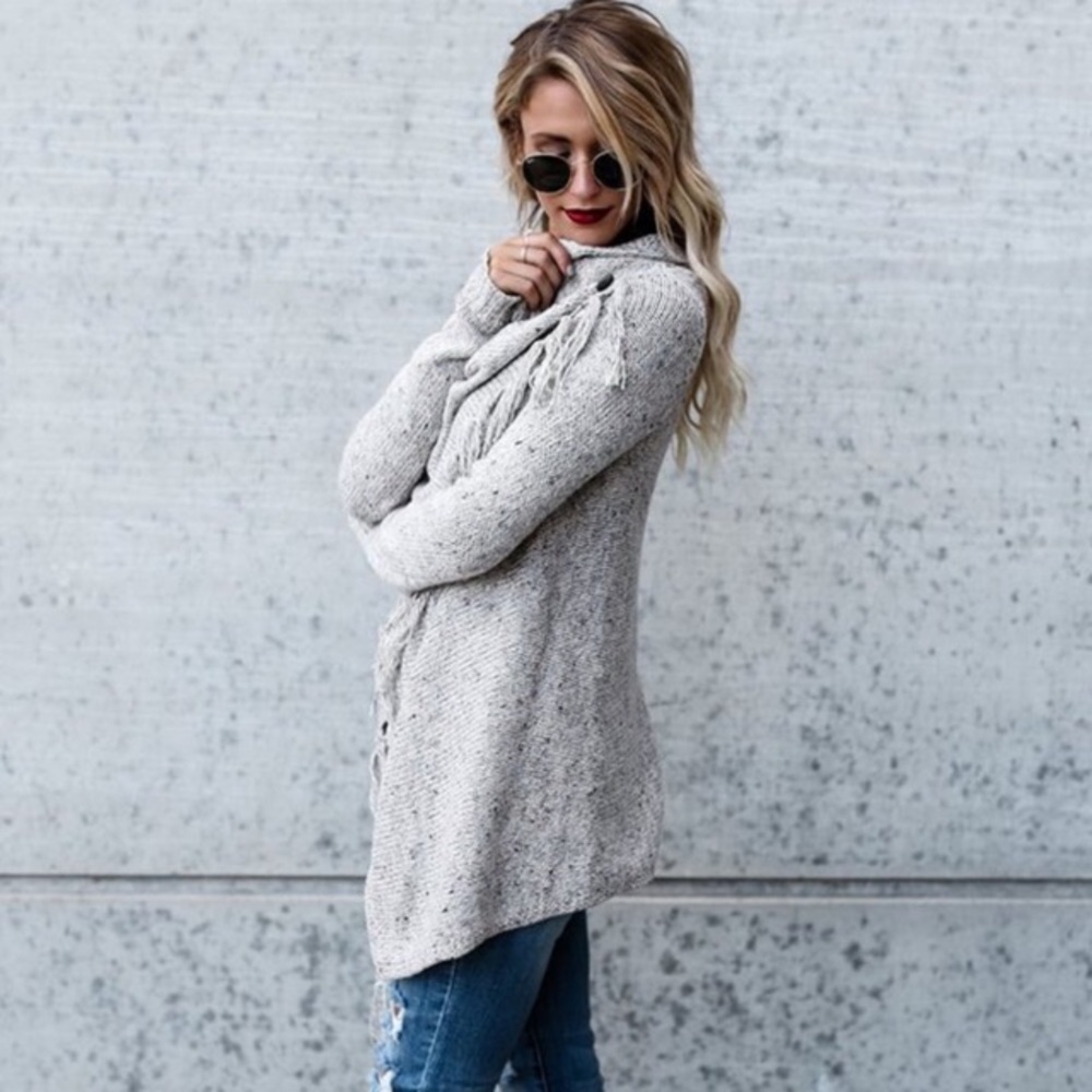 Fringe Trim Wrap Style Marled Cardigan Sweater - Picture 2 of 7